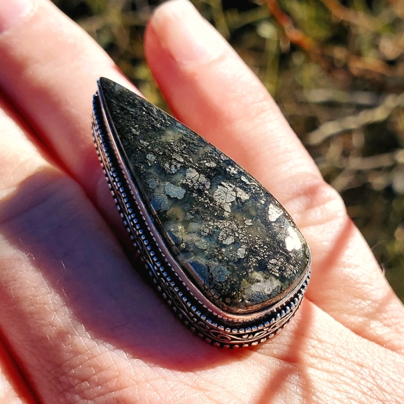 New Huge Pyrite Agate 925 Silver Statement Ring. - Picture 1 of 14